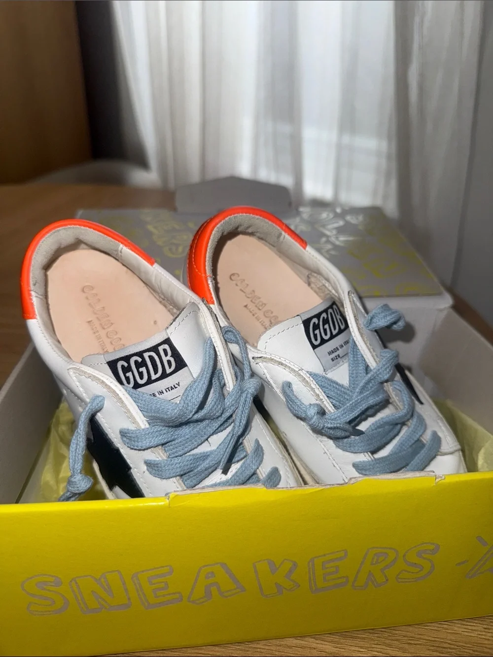 Golden Goose Kids White Sneakers with Bright Orange Heel and Navy Star